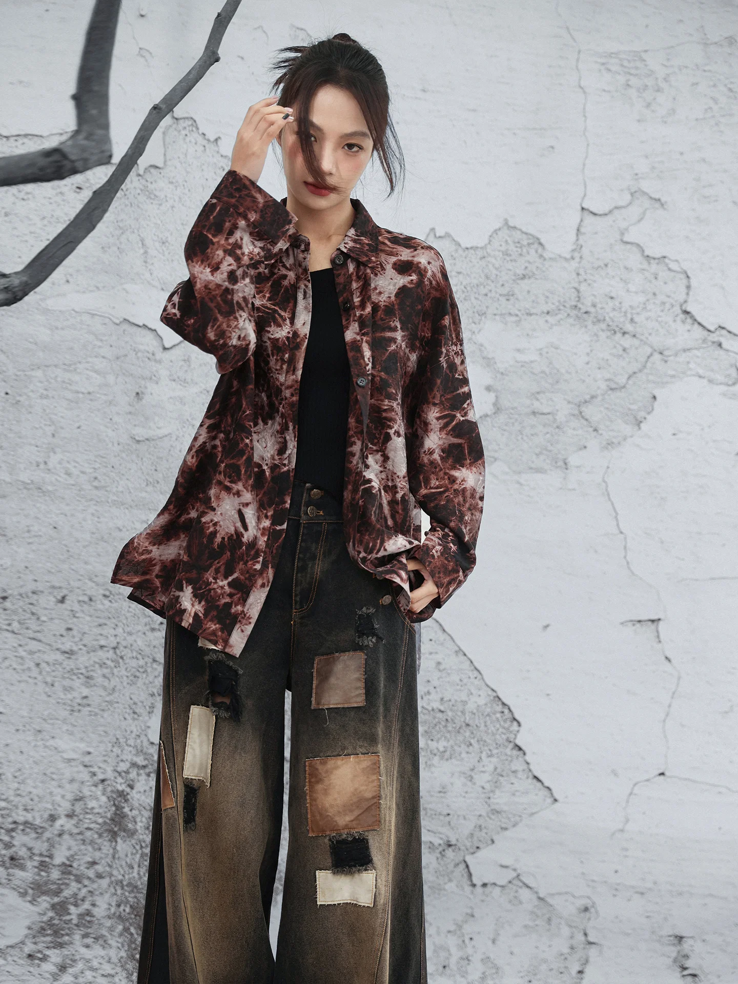 

Retro Style Dyed Tie-Flower Patterned Loose H-Shape Women's Shirt Spring New Arrival Breathable Comfortable Long Sleeve Casua...