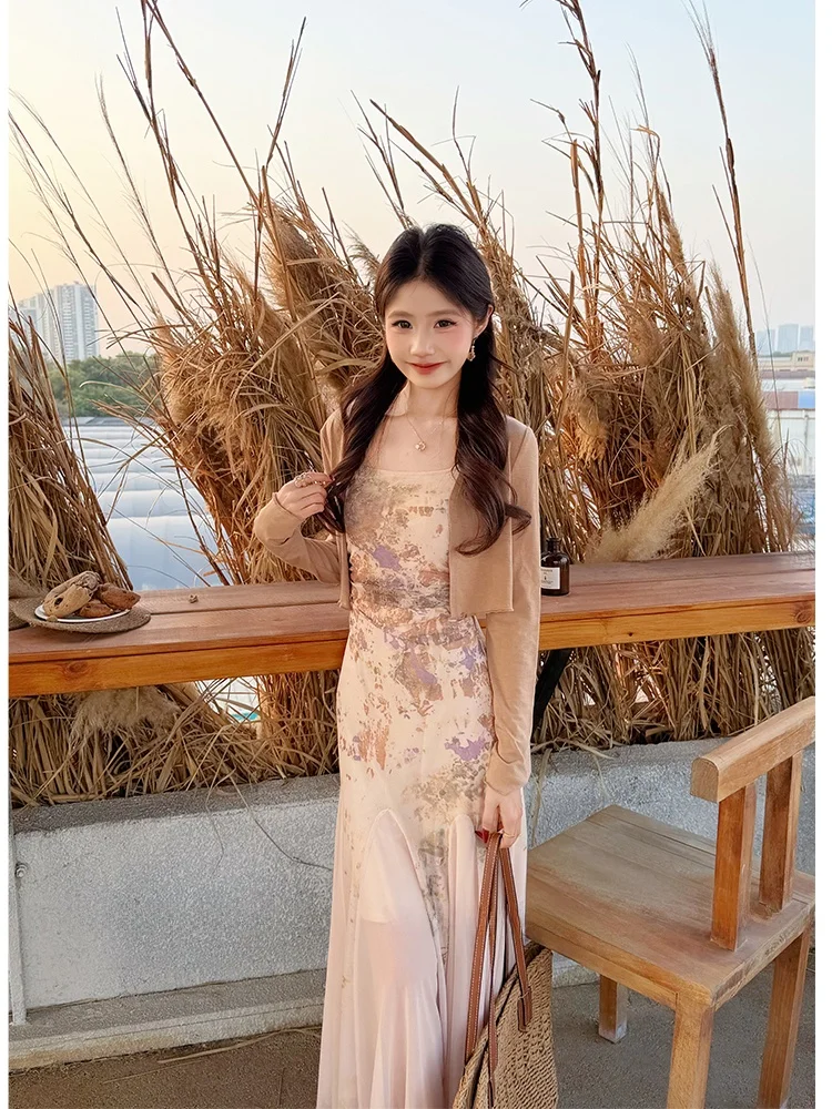 

Slimming Effect Vintage Oil Painting ort Spring Cardigan Me Splice Strapl Dr High Waist Faion Set for Women