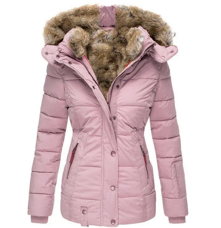 2024 WWT311501 Winter Warm Woolen Collar Cotton-padded Coat Women Zipper Long-sleeved Slim Cotton-padded Coat with Hooded Coat