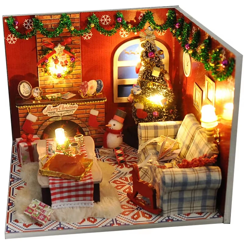 Christmas Gifts DIY Wooden Snowman Cottage Miniature Model Kits With Furniture Casa Dollhouse for Friends