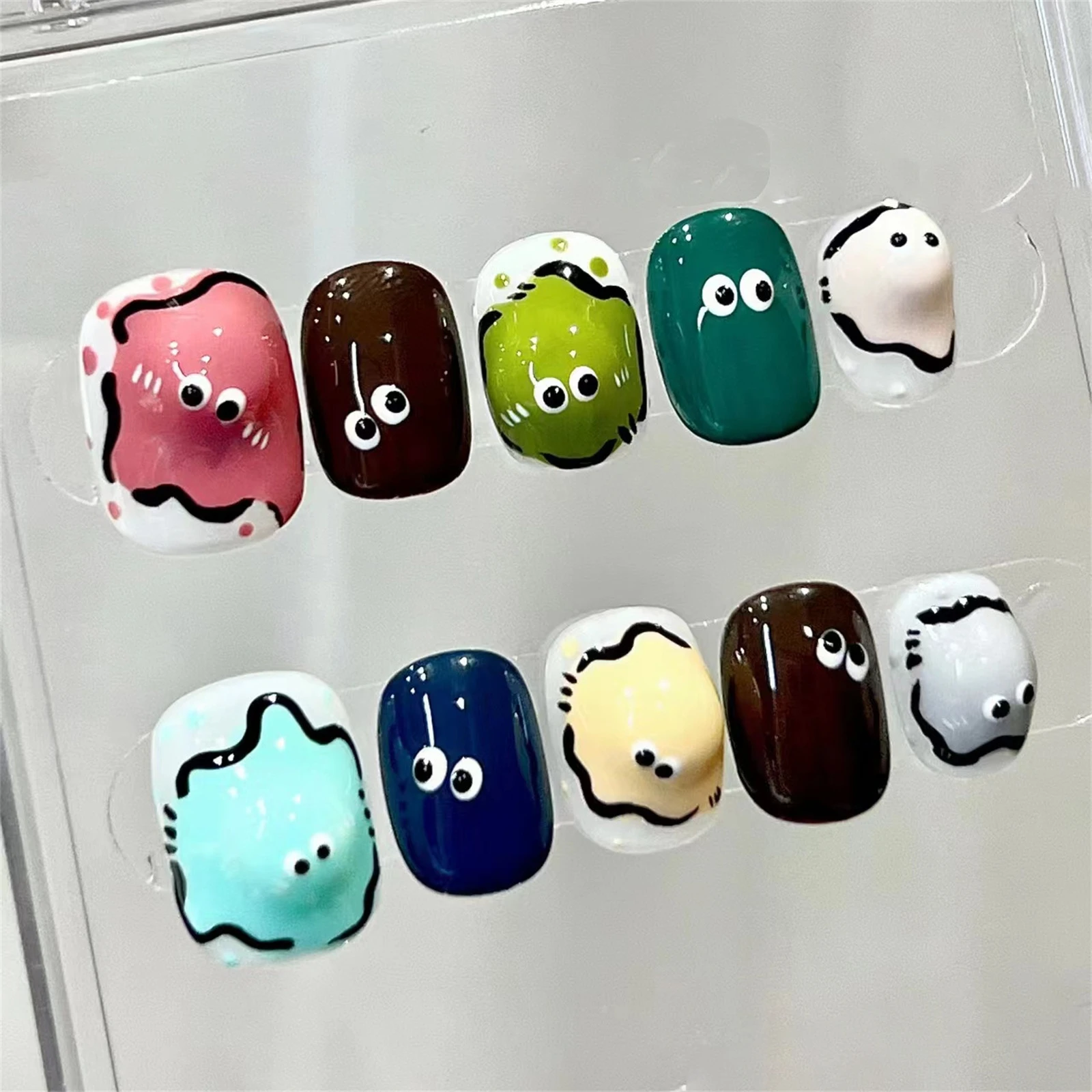 10pcs Press on Nails Cartoon Egg 3D Expression Hand Painted Dopamine Color DIY Reusable Party Daily Wear False Nail