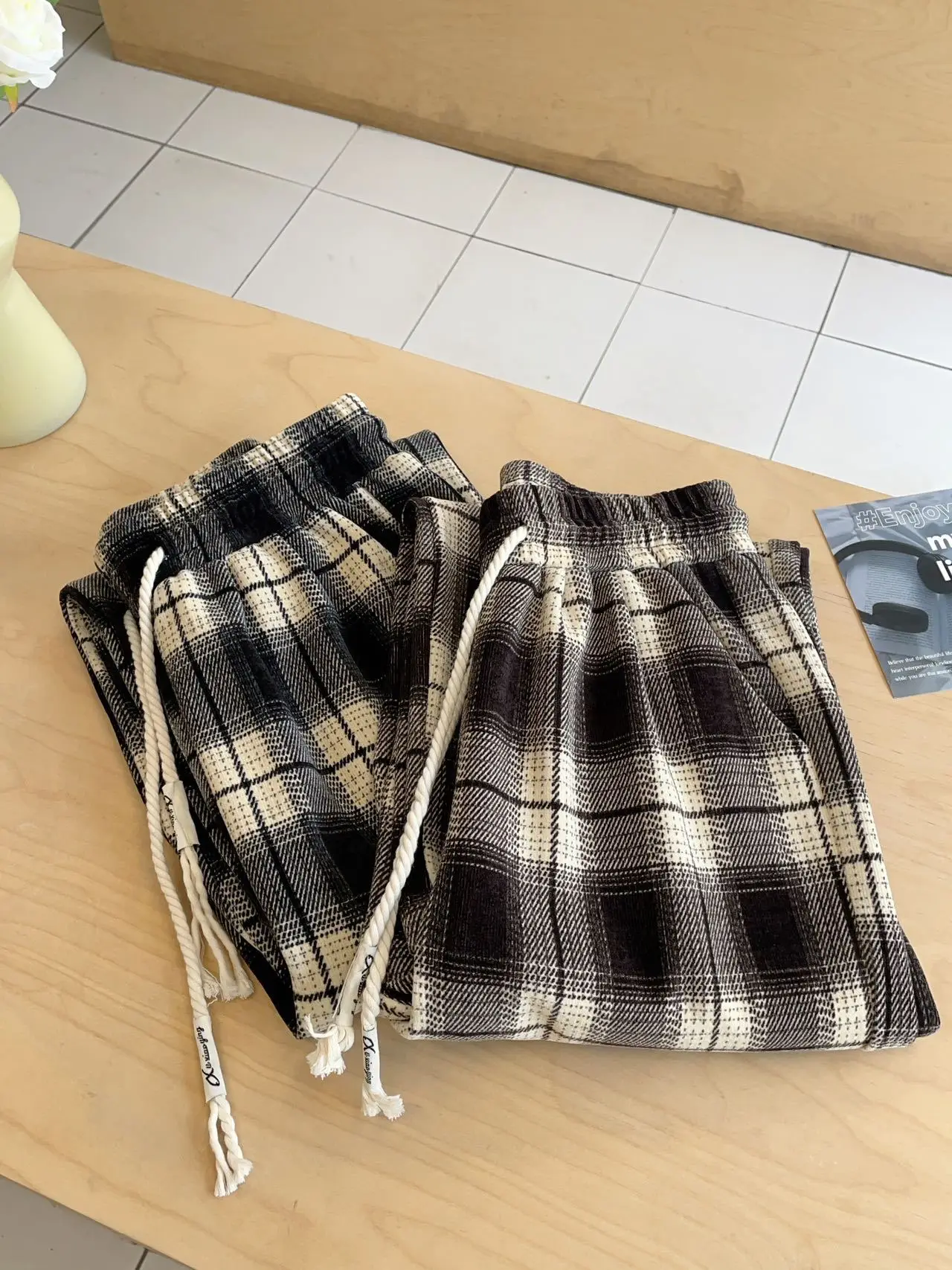 Thi الدافئة منقوشة واسعة الساق السراويل خمر Sle عالية الخصر مستقيم قطع عارضة السراويل للنساء الخريف الشتاء Faion