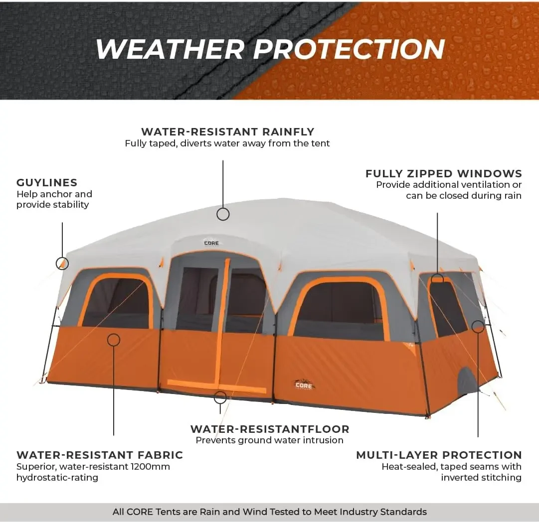 CORE 12-Tente de camping multi-pièces pour le camping familial en plein air, cabine portable, tente debout avec rangement