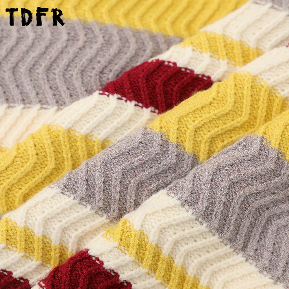 Color Block Striped Sweater Cardigan Mens Autumn Winter Casual Retro Loose Lapel Long Sleeve Knitted Sweatercoat Man