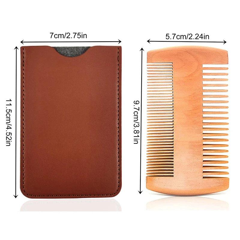 Natural Wood Hair Brush Beard Comb with PU Leather Case Anti-Static Mustache Pocket Comb Brushing Hair Care Tools for Men Gift