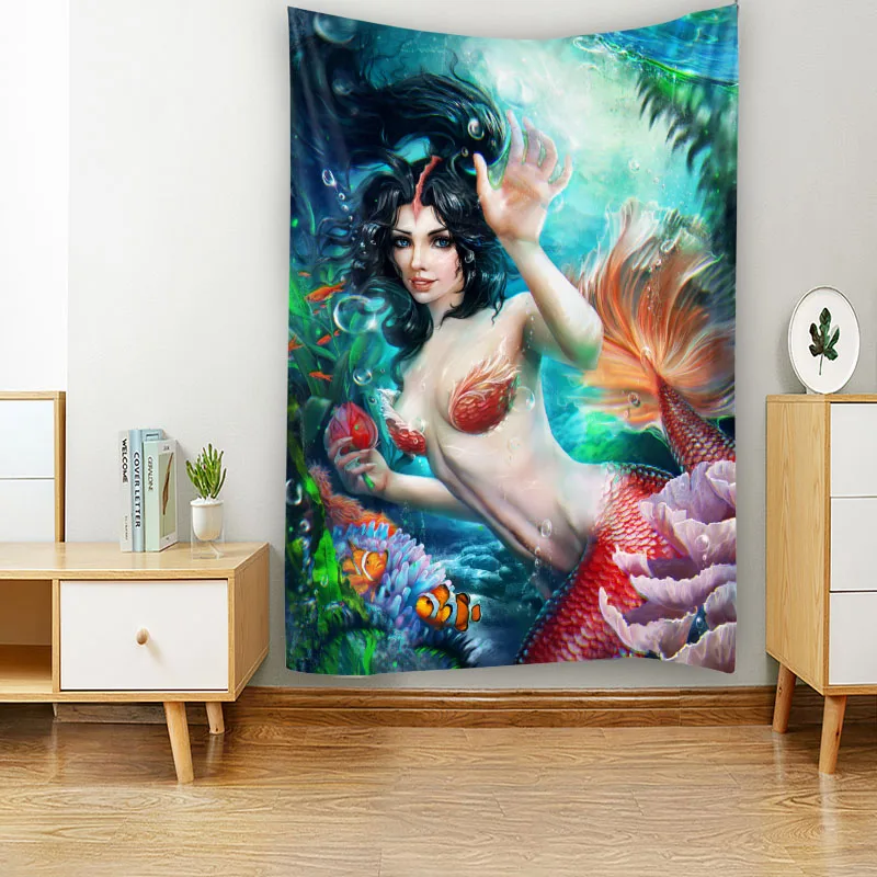 Large Mermaid Oil Painting Tapestry Kawaii Style Wall Hanging Aesthetics Home Decor Multi Size & Pattern Poster