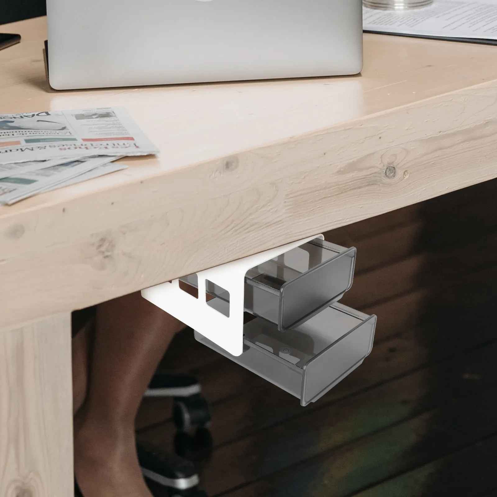 Drawer Type Plastic Desk Bottom Adhesive Storage Box Large Capacity Under Desk Organizer Multi Function Office Stationery