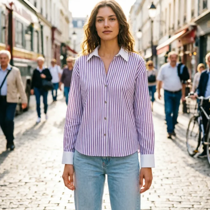 

2026 Summer New Arrival: Chic Commuter Striped Poplin Long-sleeved Turn-down Collar Shirt
