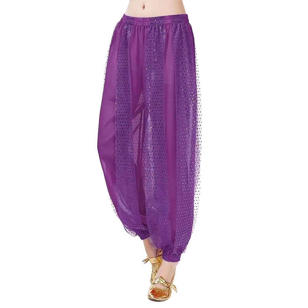 Women Belly Dance Harem Pants Shiny Sequin Chiffon Loose Bloomers Arabic Indian Lantern Pants for Cosplay Stage Performance image 3