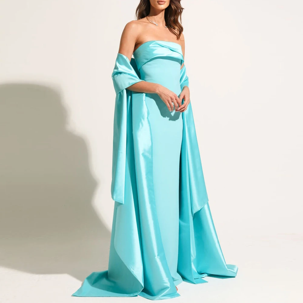 

Muloong Tiffany Strapless Dubai Evening Dresses Straight Floor Length Prom Gown Pleated Long Shawl Luxury Woman Party Dress