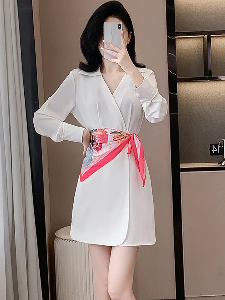 Frühling Herbst Weiß Langarm Chic Hemd Kleid Frauen Elegante Bandage Kurzes Kleid 2025, Koreanische Mode Bodycon Chic Party Kleid