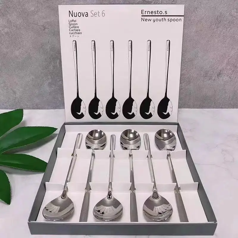 6PCS Stainless Steel Coffee Spoon Ice Cream Dessert Tea Spoon Long Handle For Picnic Kitchen Supply Tableware Christmas Gift