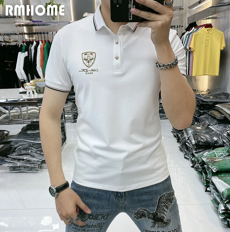 Men\'s Polo Business Casual Fashion Lapel T-shirt Bee Print Hot Diamond Tees 2023 Summer Slim Red Tops Mercerized Cotton Clothing