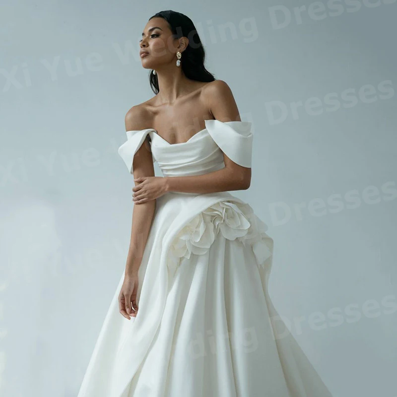 Einfache A-Linie Damen Brautkleider Schulterfrei Vestidos De Novia Braut Kleider Maßgeschneiderte ärmellose Blumen Hochzeitskleid