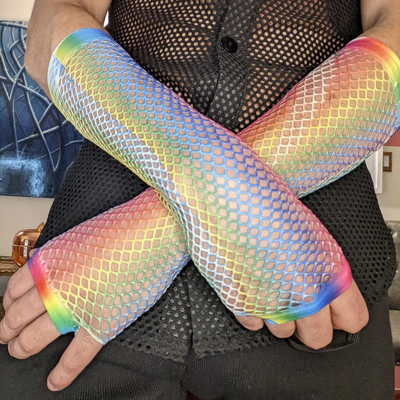 1 Pair Women Long Fishnet Net Gloves Fingerless Mesh Gloves Punk Rock Fancy Night Club Party Sexy Fashion Rainbow Short Gloves