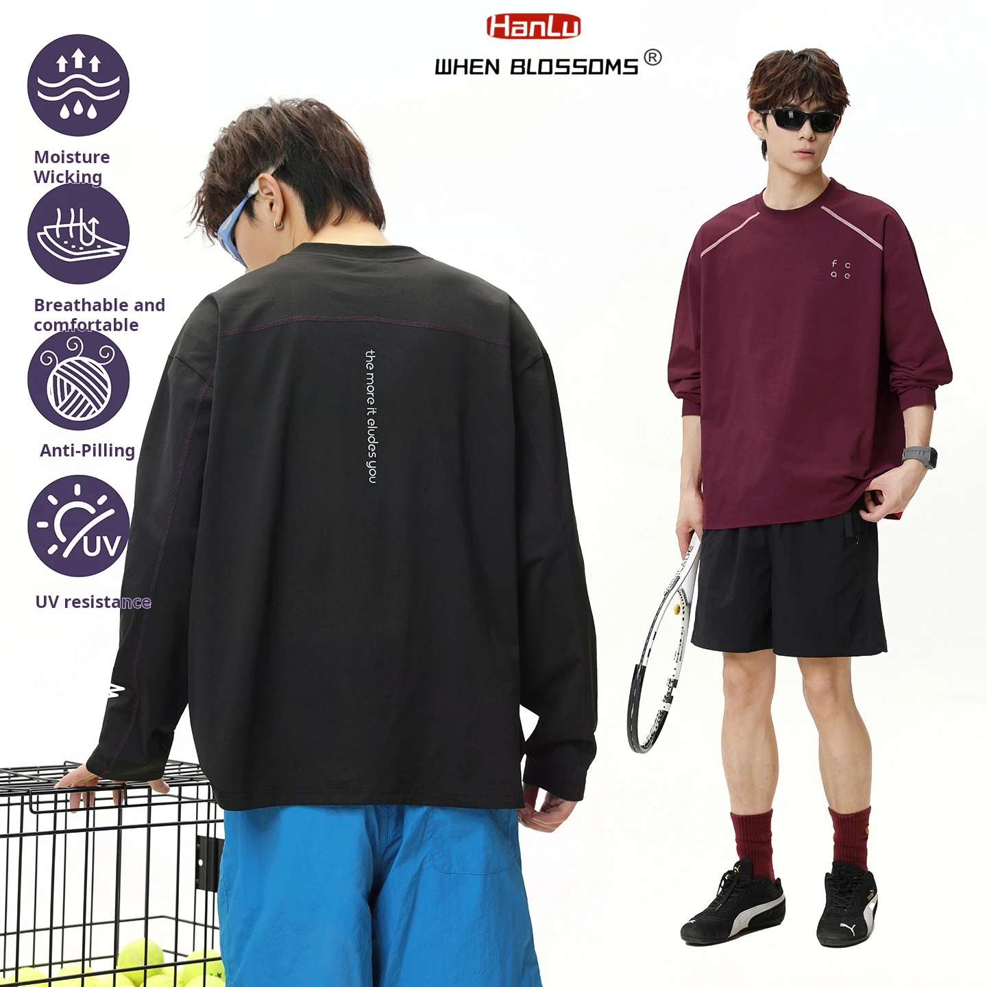 HANGLU 2025 Men's UV Protection Long Sleeve Tee Color Block Raglan Breathable Workout Shirt Contrast Stitch Streetwear Top