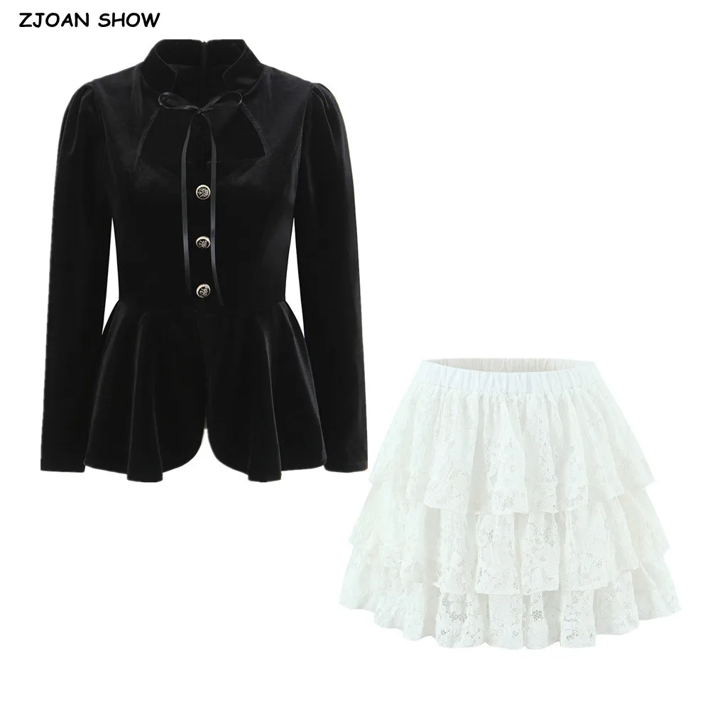 

Sexy Black Velvet Long Sleeve Pullover Blazer + Elastic Waist Ruffles Hem Swing Ball Gown White Lace Short Skirt 2 Pieces Set