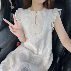 Summer Chinese Style Vintage Embroidery Tank Dress Ladies Elegant Fashion Oversized Sleeveless Robe Women Temperament Vestido