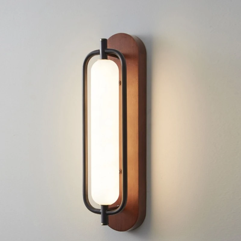 Mid Century Modern LED Wall Lamp Walnut Wood Base Black Metal Frame Long Frosted Glass Light Bedroom Living Room Hallway Sconces