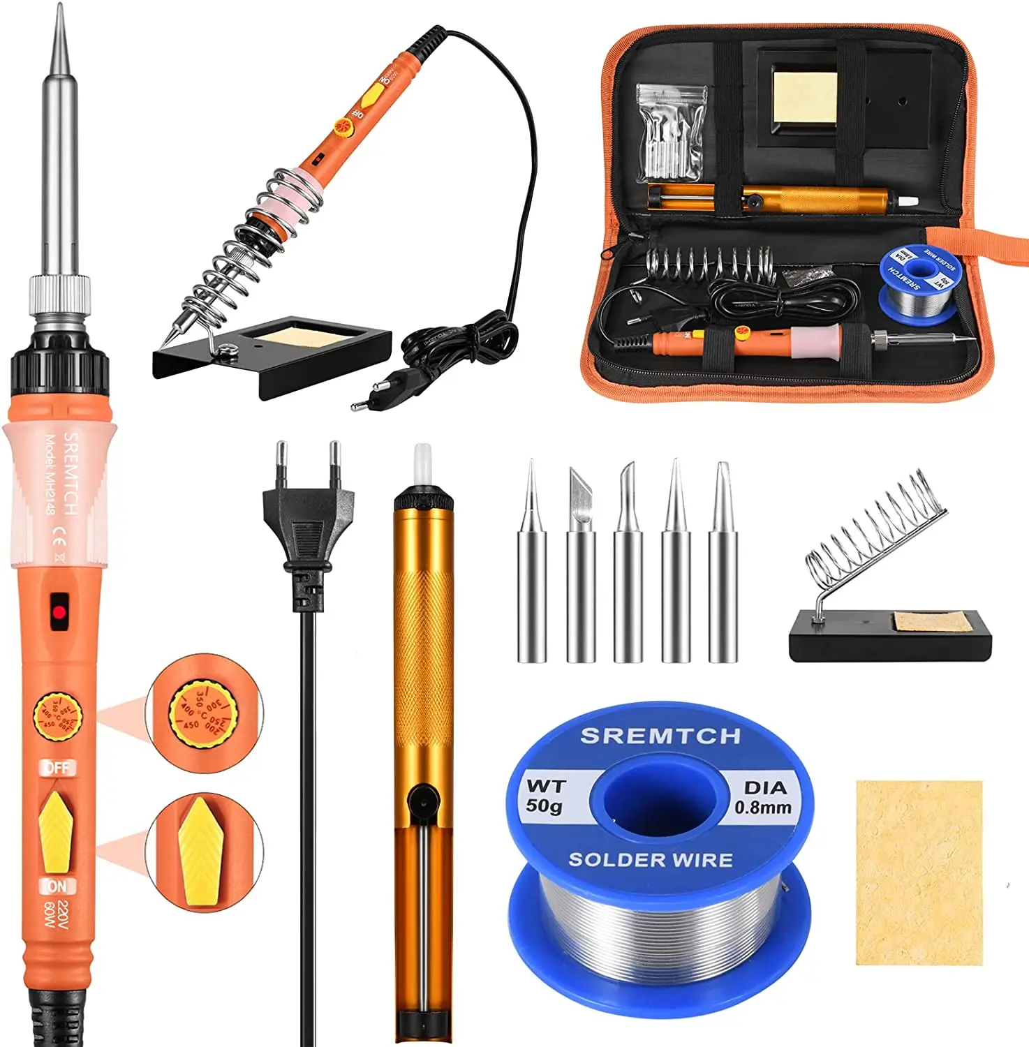 Upgraded Soldering Iron Kit 60W Adjustable Tmeperature with ON/Off Switch Solder Wire Set Fast Heating Repair Tools