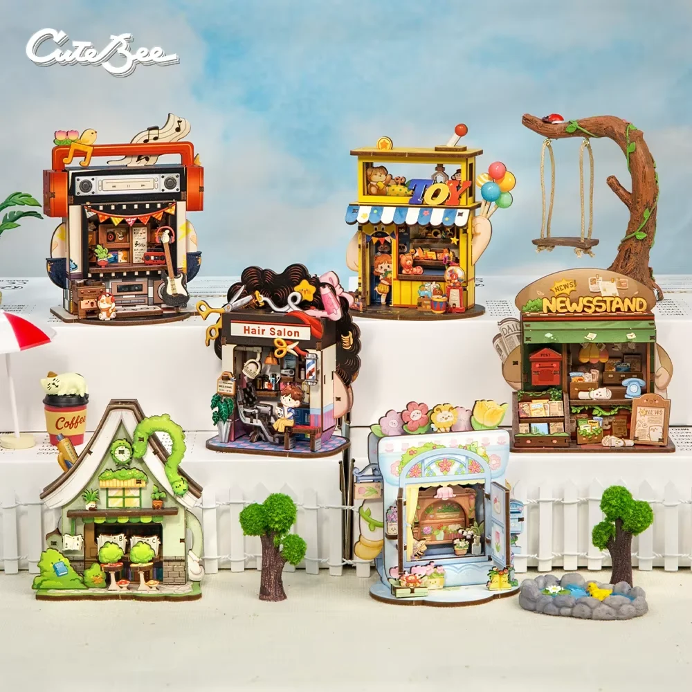 

CUTEBBE DIY 3D Puzzle Wooden Doll House with LED Light Bookshelf Insert TaleBox Corner Mini Store Series For Kids Birthday Gift