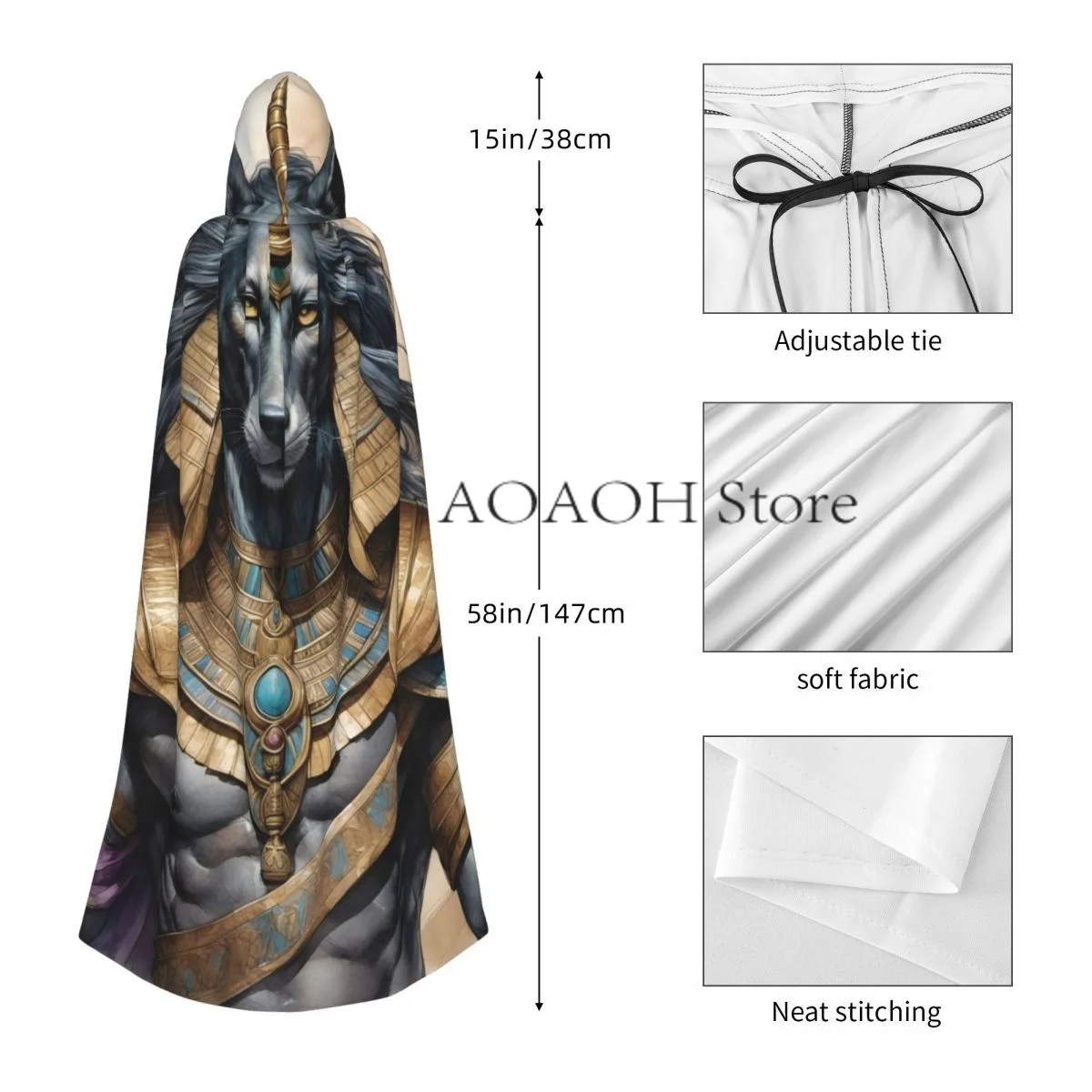Egyptian God Anubis Art Witch Cloak Hooded Cosplay Costume Halloween Adult Long Party Cape