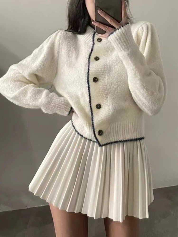 2023 autunno Outwear maglione lavorato a maglia bianco Cardigan + donna elegante minigonna Y2k moda coreana abito lavorato a maglia Office Lady Chic