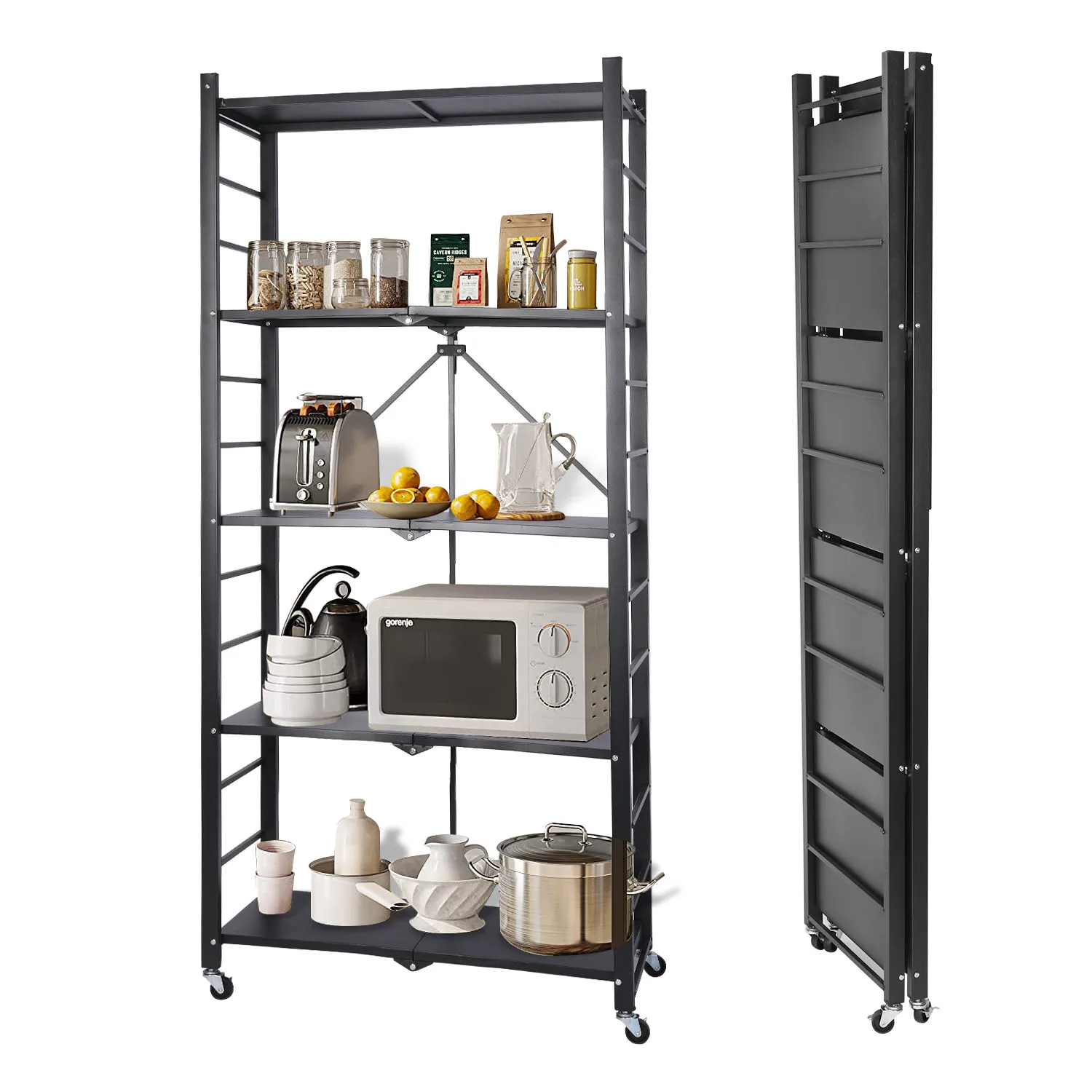 Multifunctional Storage Shelves  5-Tier Collapsible Organization Storage Rack Bookshelf Folding Pantry Shelves Cube ShelfWire