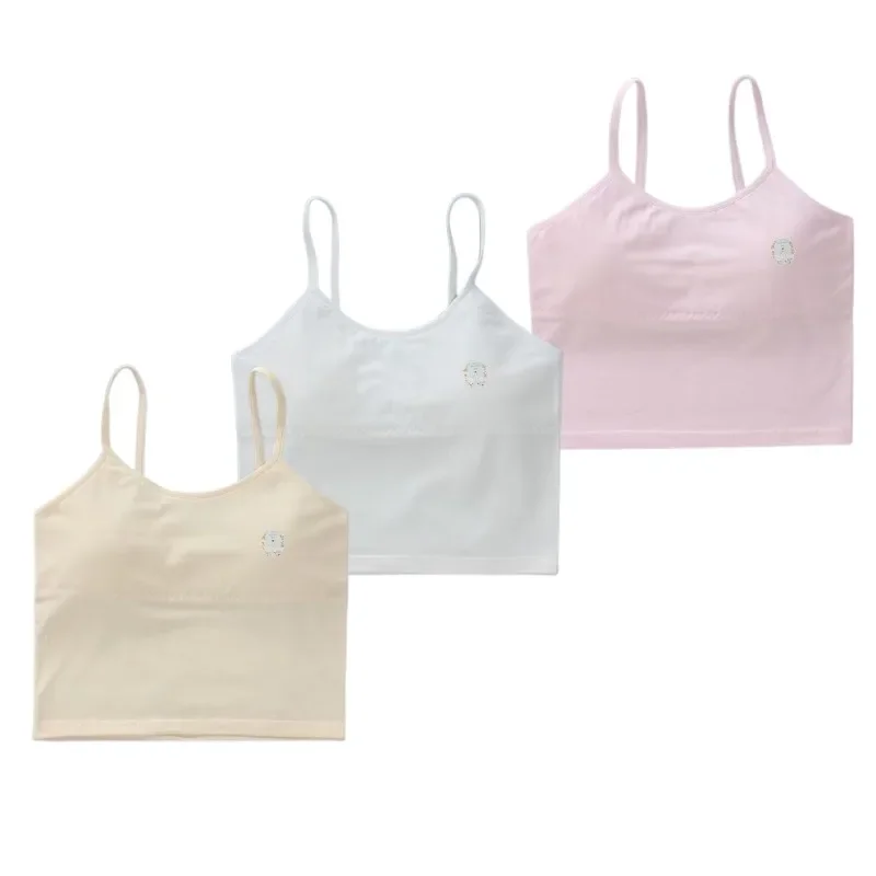 3PC Girls' Tank Top Underwear Hanging Strap Children's Bra  Girls' Elastic Tank Top Pure Cotton Summer Wrap Bra  8-16 Year