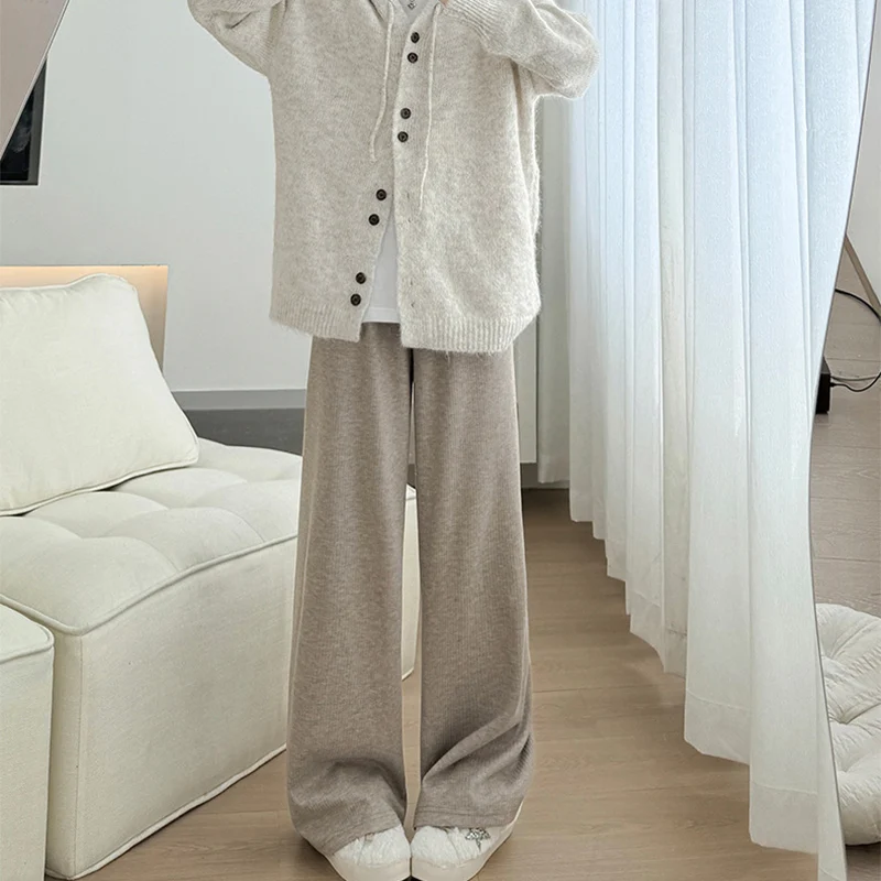 กางเกงไหมพรมถักนุ่มสบายสไตล์ลำลองสำหรับผู้หญิง ใส่ได้ทุกโอกาส ทรงตรงหลวม เรียบง่าย เหมาะกับฤดูใบไม้ร่วงและฤดูหนาว