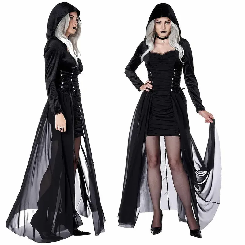 Zawaland زومبي الساحرة زي الشيطان تأثيري مقنعين هود هالوين ازياء النساء عطلة حفلة مصاص دماء فستان sf/1