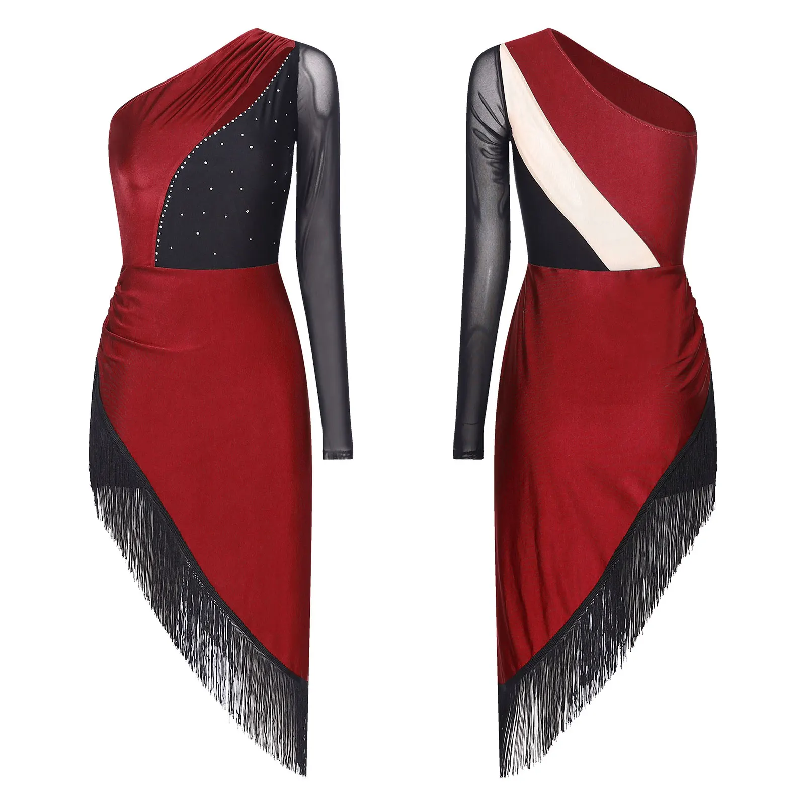 Frauen Latin Dance Body Single Langarm Riemchen Rückenfrei Quaste Taille Ballett Latin Trikot Overall für Chacha Tango Proms