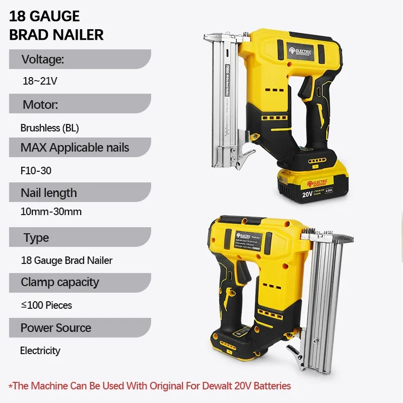 10-30mm Brushless Electric Nail Gun Depth Adjustment Nailer Stapler Cordless Stapler Framing For Dewalt 20V Battery Pin