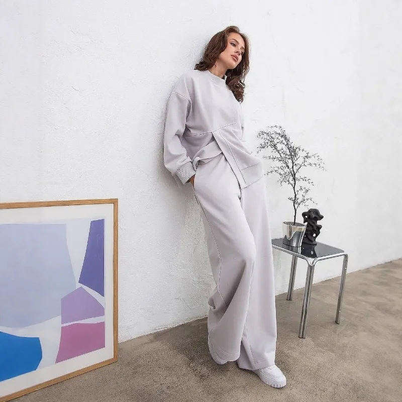 

2025 Cross-border Loose Two-piece Set Casual Loose Design Sense Irregular Solid Color Sweatshirt Sweatpants and Long Pants Sets