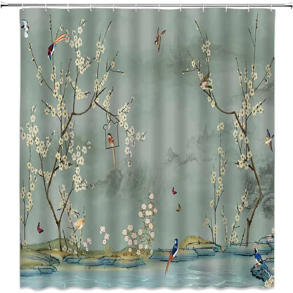 

Flower and Bird Shower Curtain Retro Spring Pond Cherry Blossom View Oriental Natural Scape Bathroom with Hooks Bath Curtains