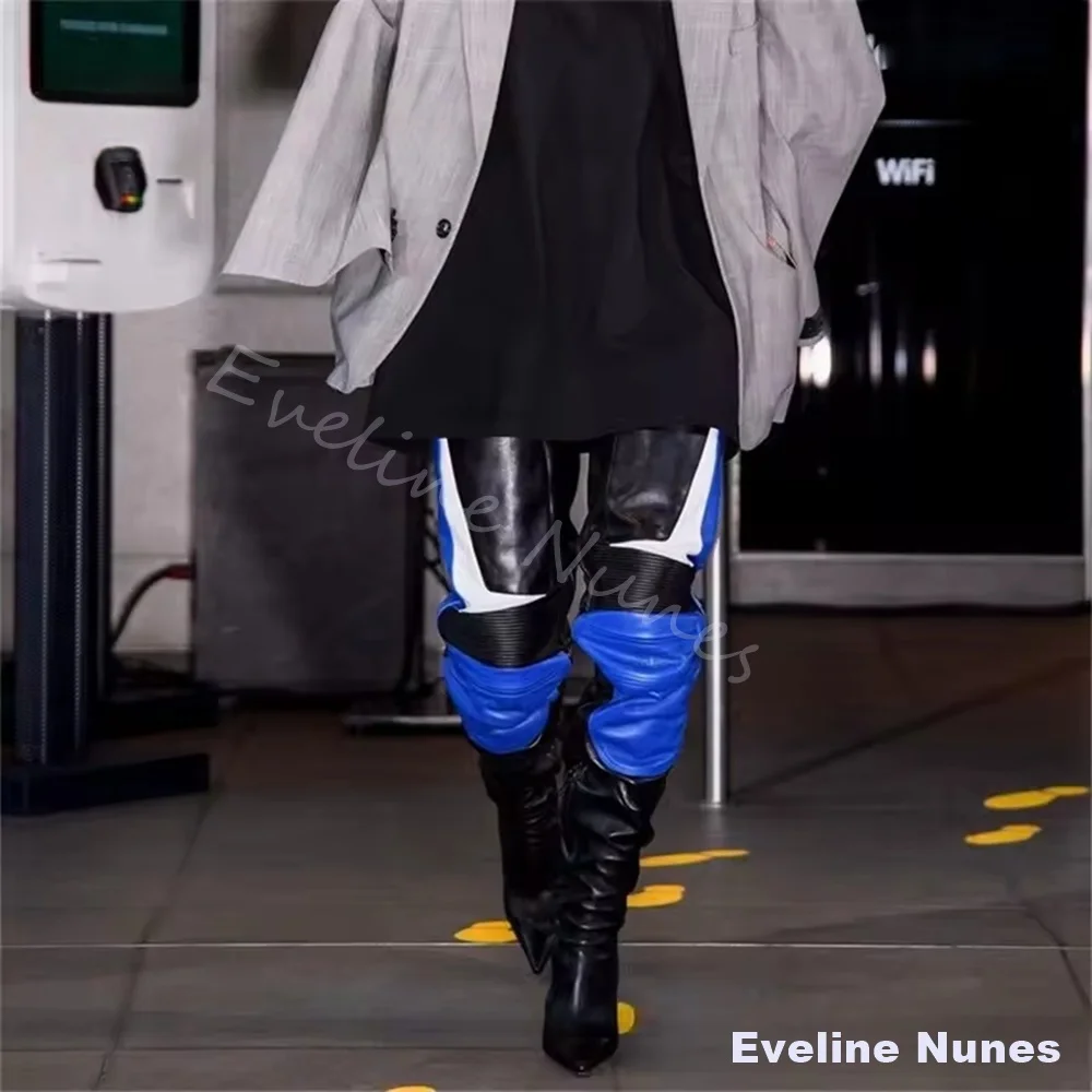 

Женские ботинки выше колена в стиле пэчворк, разноцветные, с острым носком, на шпильке, с защитой коленей, мотоциклетные ботинки, модные ботинки для подиума