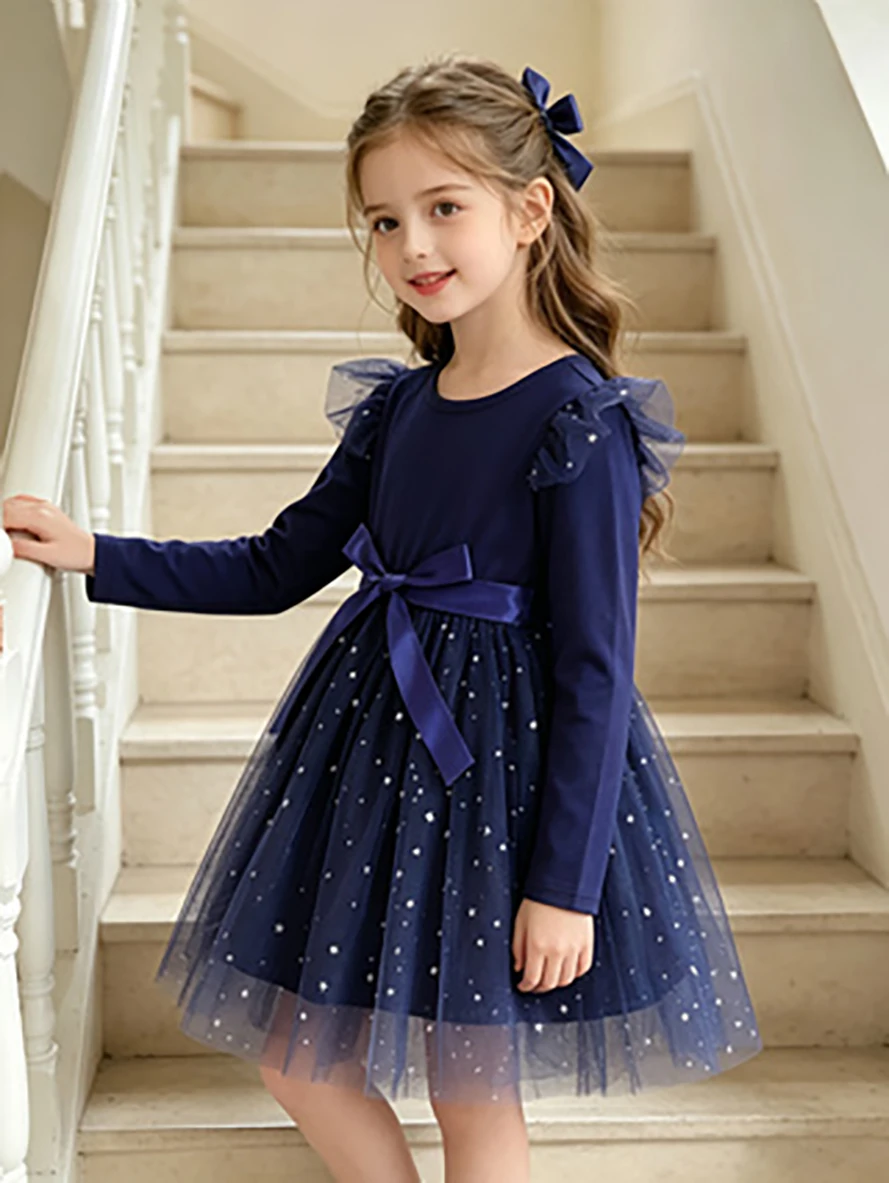 Marineblaues Strass-Tüll-Tutu-Kleid für Mädchen, A-Linien-Kleid im Prinzessinnenstil für Frühling und Herbst – Detail 3