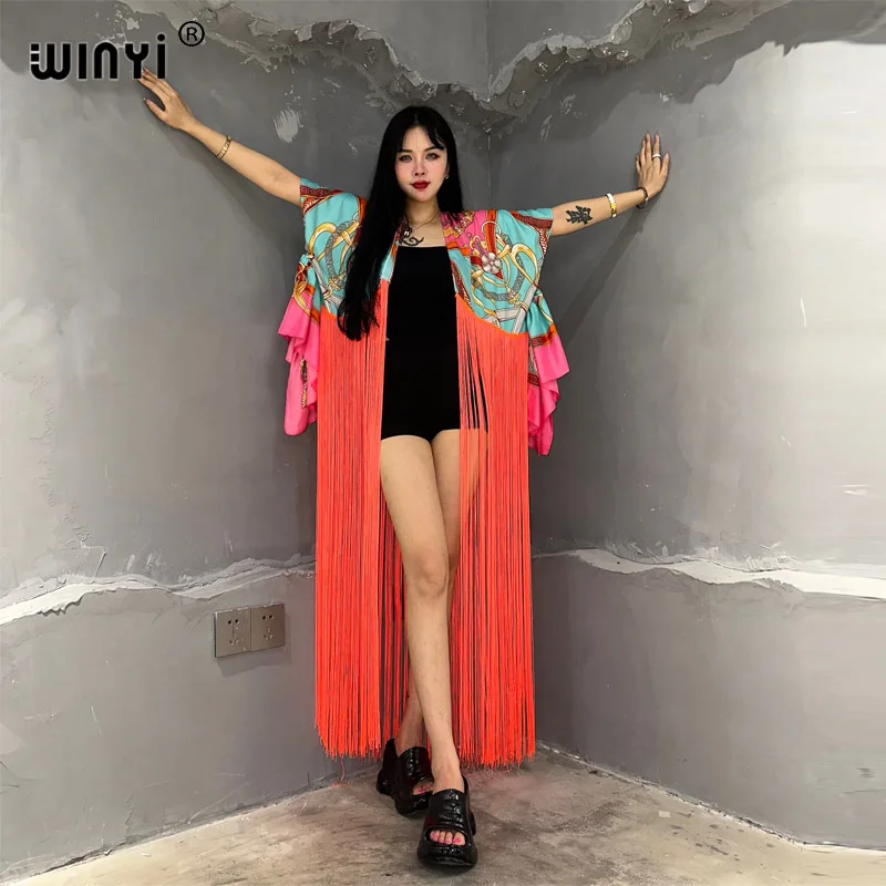 WINYI kimono boho fashion summer beachwear summer Classic print Bikini Cover-up Cardigan sexy Holiday long Sleeve tassels dress