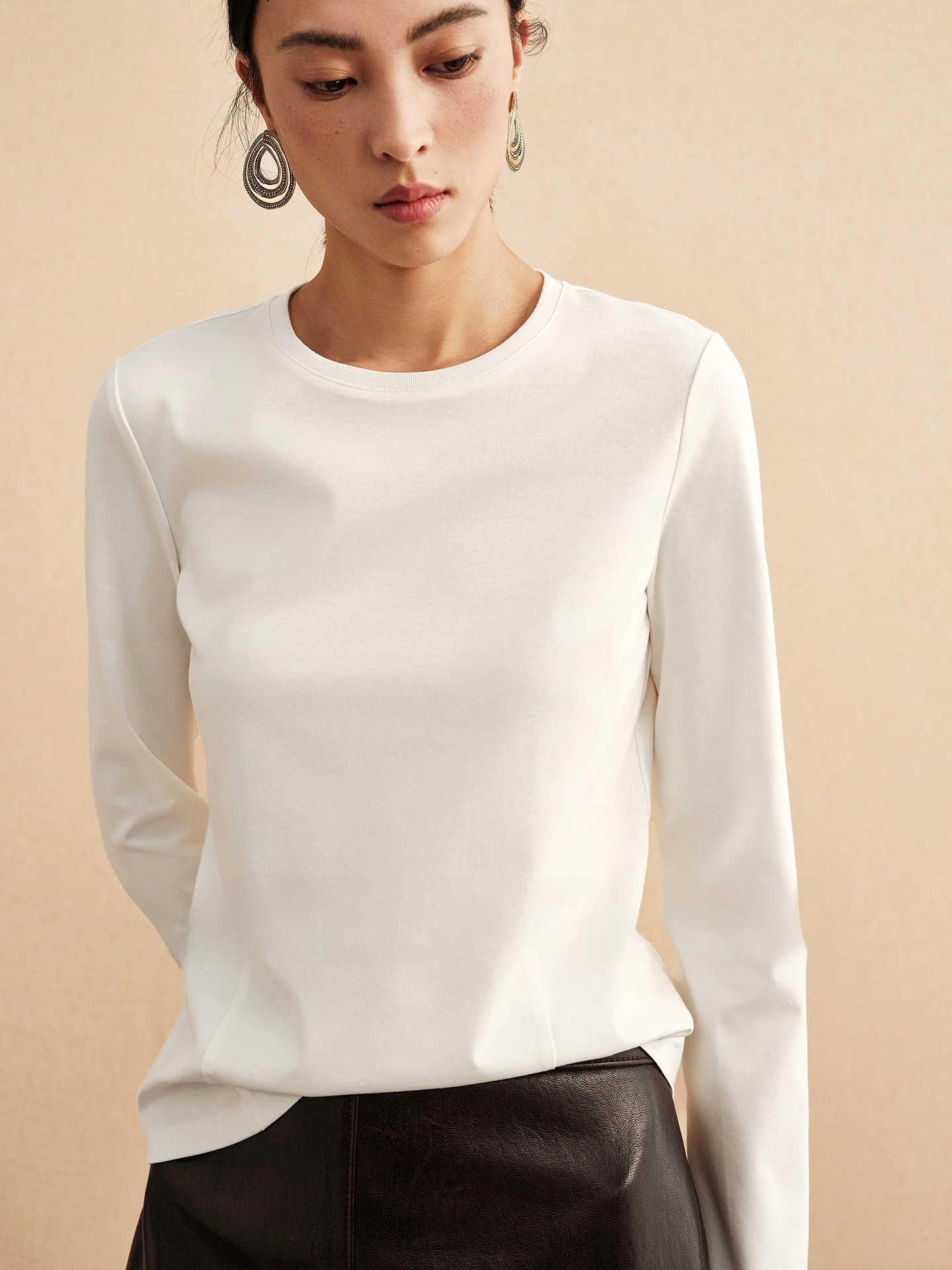 Ultra-Elastic Long-Sleeve Cotton-Amy Double-Sided Silk Gloss round Neck Base Layer T-Shirt RoseLingLing Comfortable Slimming ...