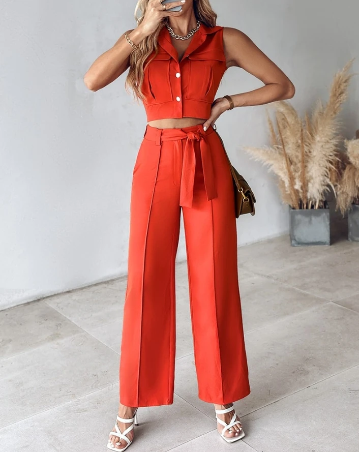 Women's Two-Piece Set Buttoned Vest Top & Tied Detail Straight Leg Pants Set Temperament Commuting Leisure Two-Piece Set