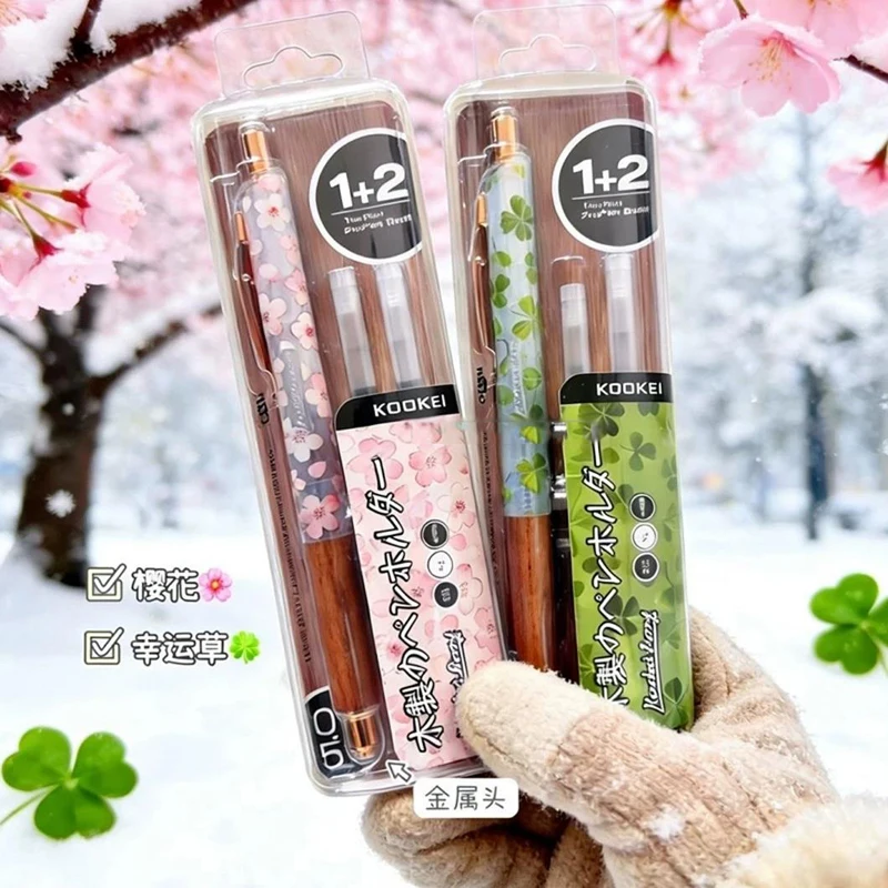 KOOKEI Sakura Clover Pen(1Pen+2Refill),0.5mm Fine Line,No Smear Ink,Comfortable Wooden Grip CS Needle Tip ForStudent Exam&Office