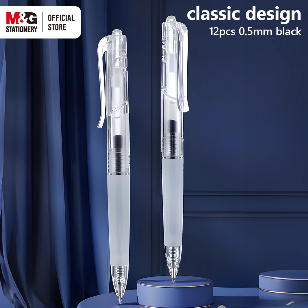 

M&G 12pcs Press Action Gel Pens 0.5mm Black Simple Office Bullet Tip Signature Pen E01 Transparent Gel Ink Pen