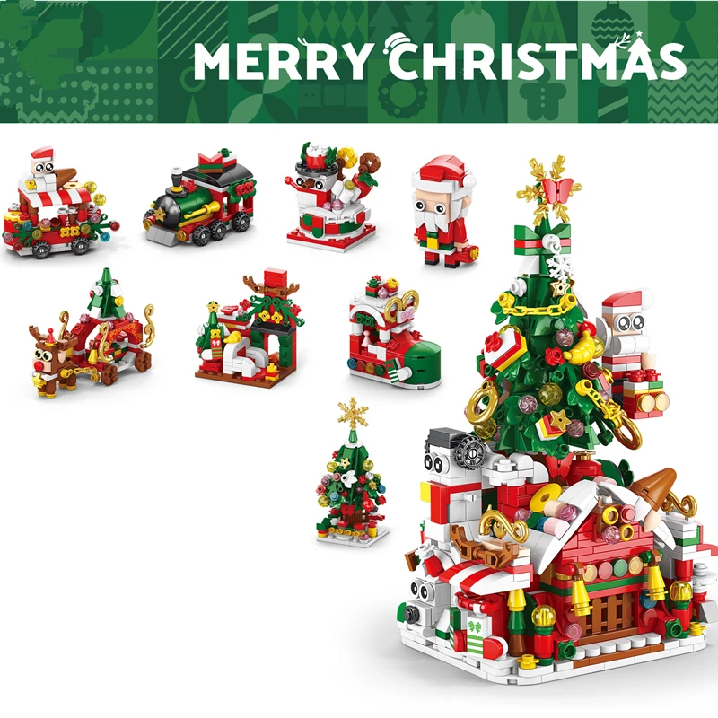 8in1 Albero di Natale Alce Cervo Babbo Natale Treno Decorazioni Architettura Negozio Street View Natale Snow House Building Block Kit Giocattolo