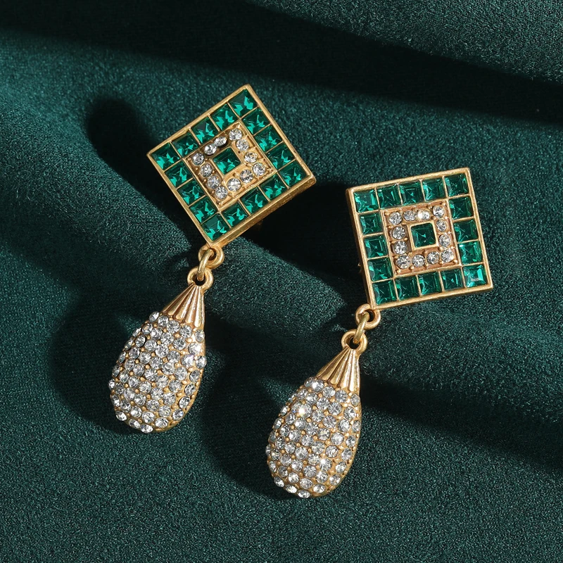 

Vintage Square Drop Earrings Gold Color Green Zircon Classic For Women Luxury Quality Jewelry Elegant Rhinestone Wedding Party