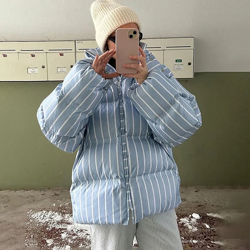 

Ticketsx Fashion Stripe Women Padded Jacket Hooded Thicken Zipper Contrast Warm Coat Autumn Winter Casual Female Street Outwear