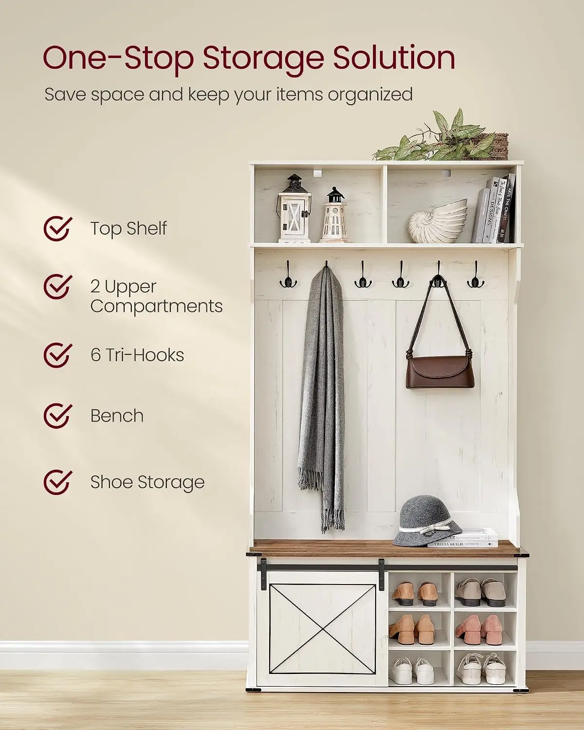 Hall Tree with Bench and Shoe Storage, 6 Tri-Hooks, Sliding Door