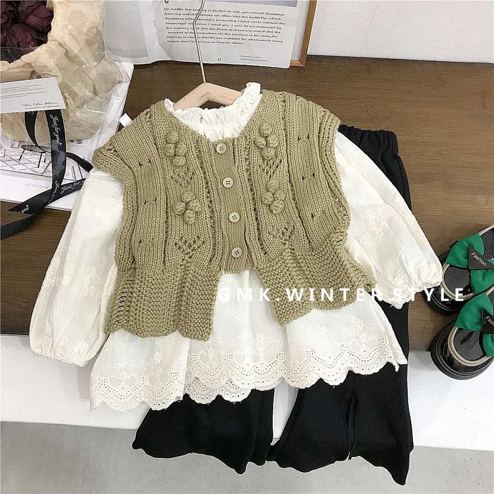 Girls Set 2024 Autumn Vest New Children\'s Lace Doll Sweater Pants Three Piece Set Toddler Girl Winter Clothes