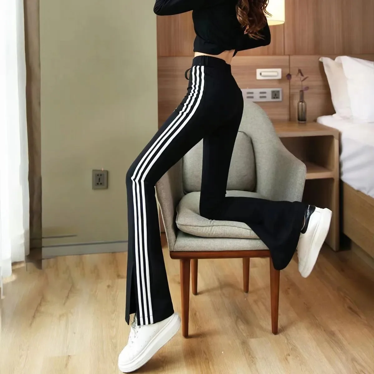 Women Casual Joggers Pants Fashion Streetwear Sports Pants Thin Stripe Color Sweatpants High Waist Trousers Split Plus Size