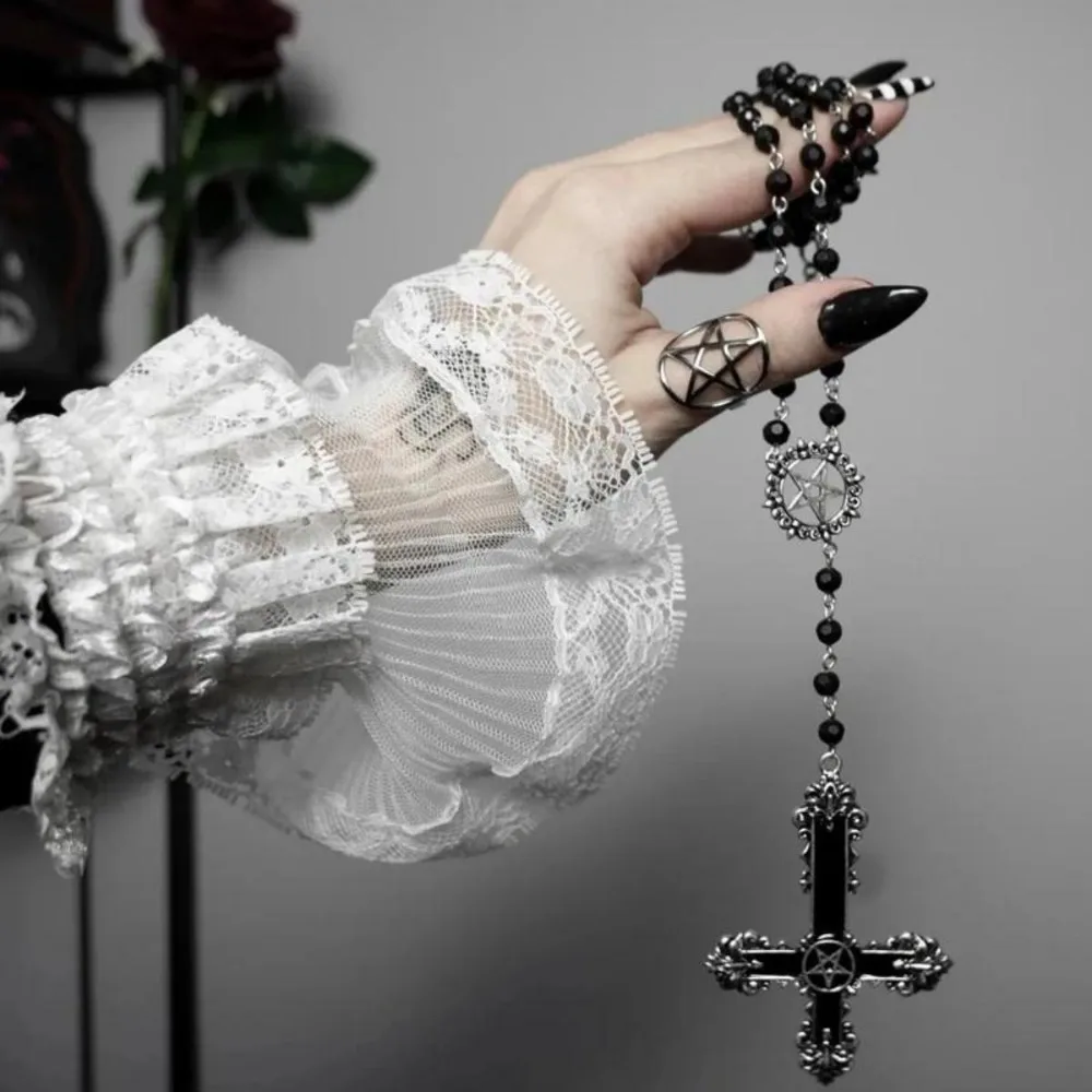 Goth Hollowed-out Circle Lacework Five-pointed Star Inverted Cross Pendant Black Bead Chain Necklace for Women Men Party Jewelry