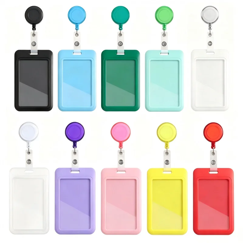 Vertical Plastic ID Badge Holder With Round Retractable Badge Reel Clip, Portable Work Staff Name Tag Card Case, Waterproof Cred